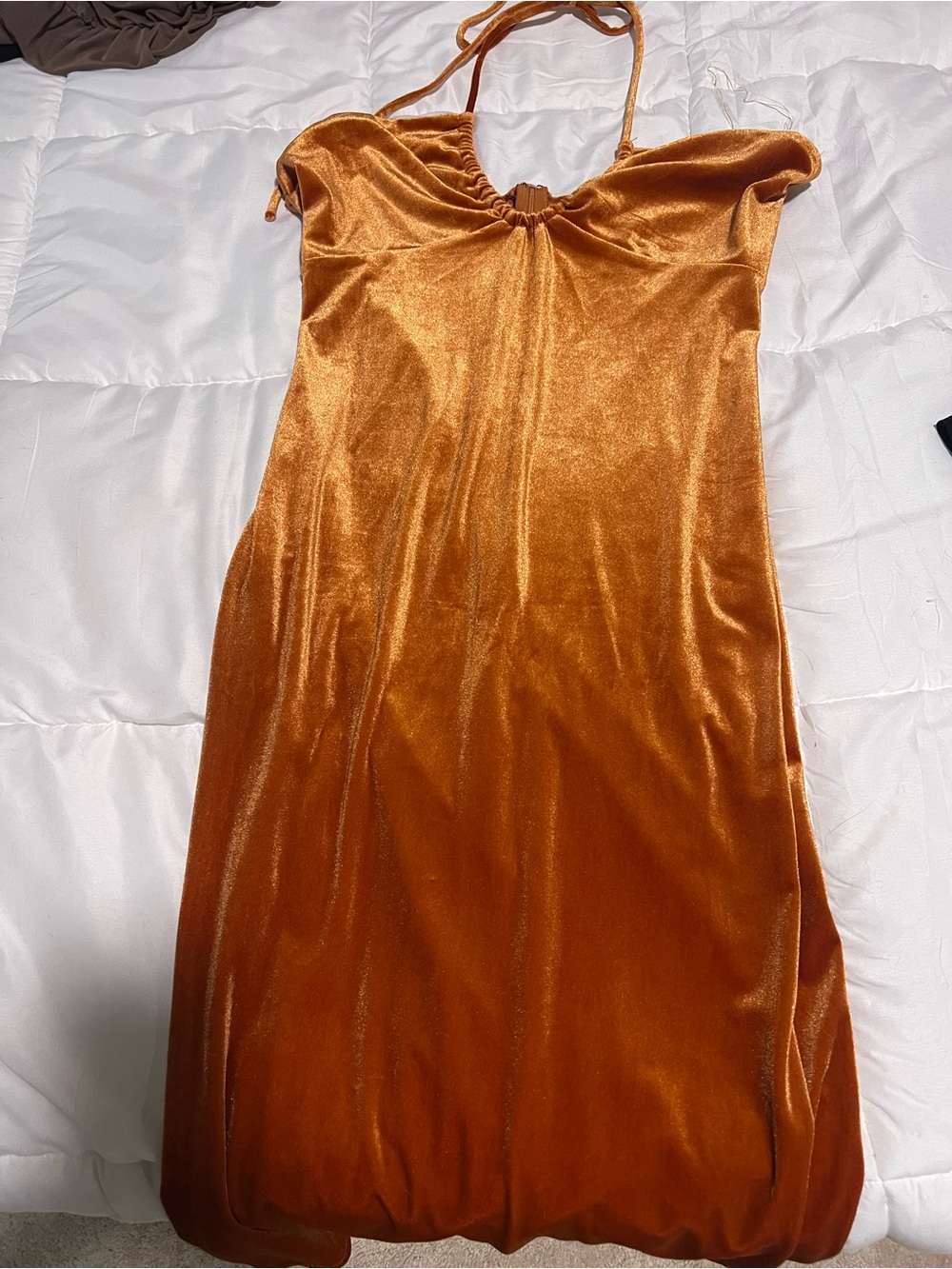 Fashion Nova Velvet Halter Midi Dress in Burnt Orange